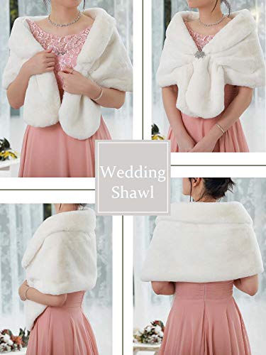 EARENT Women's Faux Fur Shawls and Wraps Bride Wedding Sleeveless 1920s Fur Scarfs Bridal Fur Stoles with Brooch Winter Fur Caplet for Brides and Bridesmaids (White)4