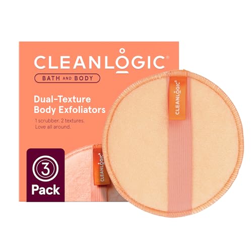 Cleanlogic Detoxify Purifying Charcoal Infused Exfoliating Body Scrubber, Dual-Texture Round Exfoliator Tool for Smooth, Clean Skin, Daily Skincare Routine, 3 Count Value Pack