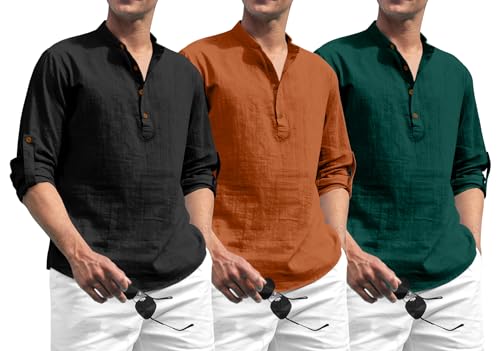 Image of Zombom Combo of Men's Solid Cotton Polyester Blend Full Sleeve Mandarin /Chinese Collor Straight Kurta Shirt (Pack of 3)