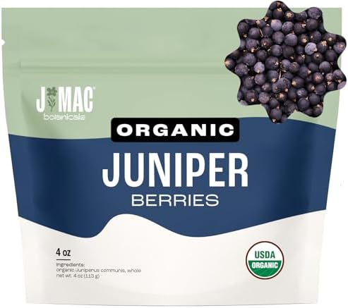 J MAC BOTANICALS, Organic Whole Juniper Berries, Certified Organic, juniper for herbal infusions, cooking and seasoning beef, pork, turkey brine, soups, syrups, cocktail bombs (4 oz)