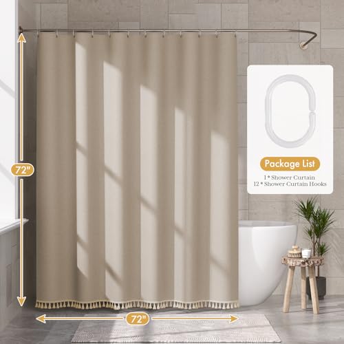 Image of AmazerBath Farmhouse Shower Curtains for Bathroom, Tan Shower Curtain with Tassels, Taupe Rustic Faux Linen Shower Curtain Set with 12 Hooks, 72x72 Inches
