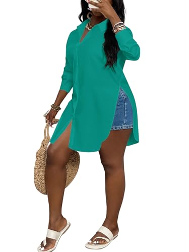 Image of LYANER Women's Collar Neck Long Sleeve Button Down Shirts Sexy Split Hem Tops Long Blouse Shirt Dress
