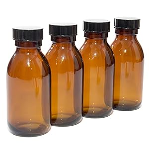 100ml AMBER GLASS Bottles with BLACK Lids – PACK of 4