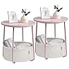 VASAGLE Nightstands Set of 2 Bedside Tables with Fabric Basket Small Round Side Tables End Tables for Bedroom Jelly Pink and Cream White ULCT668R01
