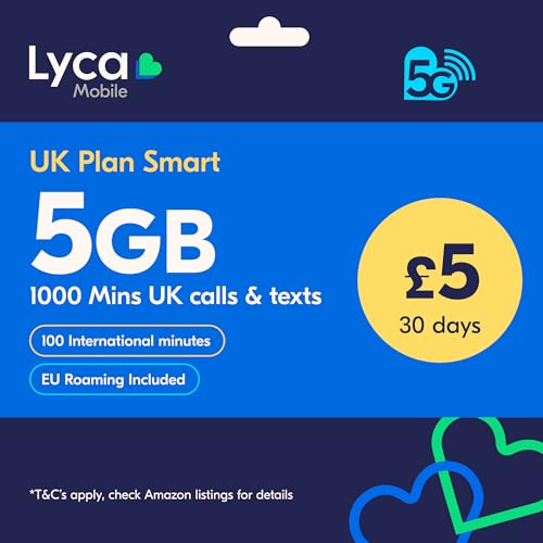 Lyca Mobile UK Prepaid SIM Card | UK Plan Smart | 5 GB Data | 5G Speed | 1000 UK Minutes & SMS | International Calling | 5/30 Days
