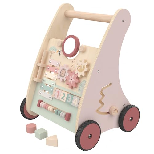Image of Pink Wooden Push Pull Sit to Stand Walker - Adjustable Learning Activity Center - Baby Learning to Walk - Educational Gift for Toddler Boy or Girl