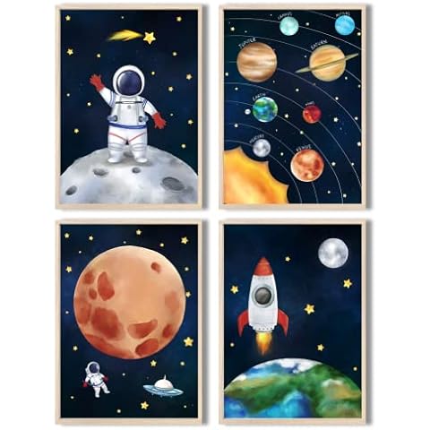 MeinBaby123® Children's Room Posters Astronaut Set of 4 Posters DIN A4 Space Rockets Planets Children's Room Decoration Girl Boy Baby Room Wall Poster Premium (Astronaut V3) Cover