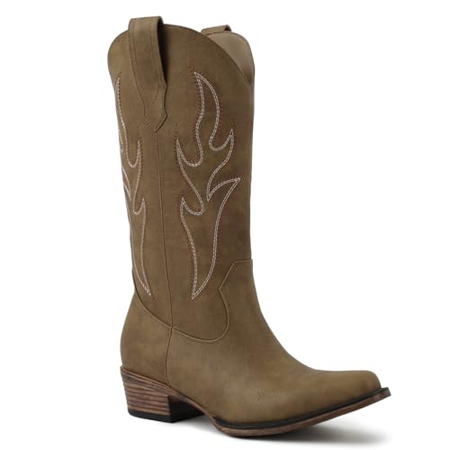 Image of Herrlyn Cowboy Boots for Women, Brown Cowgirl Boots with Comfortable Chunky Heel, Embroidered Womens Western Boot Mid Calf, Pointed Toe Long Boot for Retro Wedding Party Size8.5