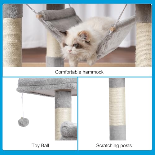 Image of Hey-brother Large Multi-Level Cat Tree Condo Furniture with Sisal-Covered Scratching Posts, 2 Bigger Plush Condos, Perch Hammock for Kittens, Cats and Pets Light Gray MPJ020W