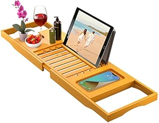 Premium Bamboo Bathtub Tray Caddy - Expandable Wooden Bath Tray - Adjustable Bathroom Tray for Tub - Luxury Bath Caddy Tub Table - Gift Idea for Loved Ones (Natural)