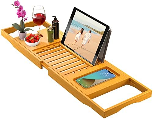 Premium Bamboo Bathtub Tray Caddy - Expandable Wooden Bathroom Tray - Adjustable Bathroom Tray for Tub - Luxury Bath Caddy Tub Table - Unique Gift Idea for Loved Ones