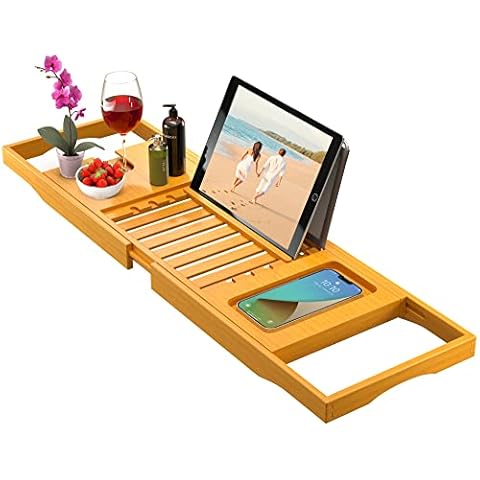 Premium Bamboo Bathtub Tray Caddy - Expandable Wooden Bath Tray - Adjustable Bathroom Tray for Tub - Luxury Bath Caddy Tub Table - Gift Idea for Loved Ones (Natural) Cover