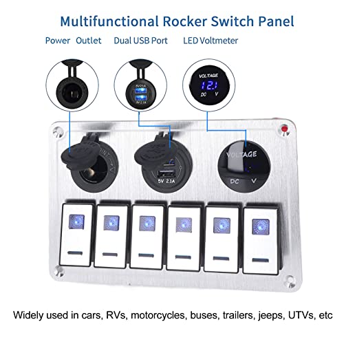 Painel de interruptor basculante de alumínio de 6 entradas, luz de LED azul de 5 pinos 4,2 A porta d