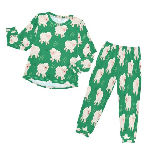 Little Sheep Green Soft Pajama Set for All Seasons,Breathable Pjs Long Sleeve Sleepwear,Comfy Loungewear 2 Piece Underwear Set 8T