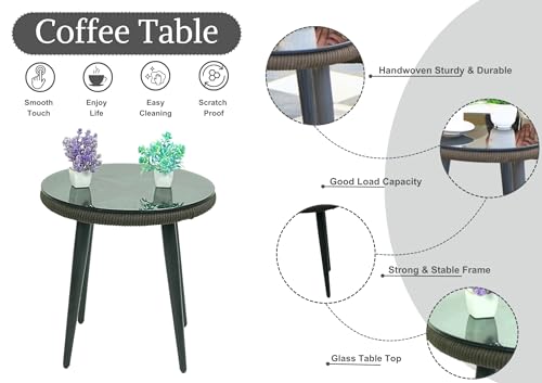 Image of DEVOKO 3 Piece Rope Patio Bistro Set Outdoor Conversation with Waterproof All Weather Chair and Glass Top Coffee Table for Garden, Balcony, Porch, Poolside (Dark Brown & Cream)