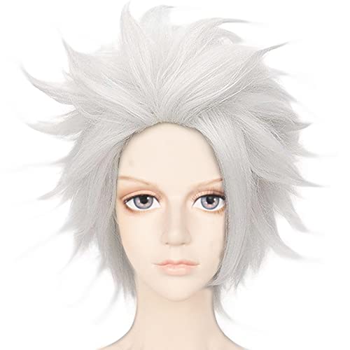 Anogol Hair Cap+Short Layered White With Slightly Grey Wig For Women Anime Cosplay Scientist Wig For Kid For Halloween Party Cosplay Peluca Blanca Para Adulto #TOP10