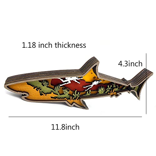 Annoomm Animal 12Inch Shark Decor,Wooden Home Shark Statues And Figurines,Shark Wall Ornament Multilayer Woodland,Shark Silhouette And Sculpture,Shark Decoration For Wall Shelf Wood(Shark+Light) #TOP2