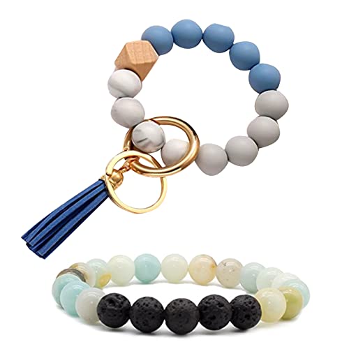 Soulnioi Bracelet porte-clés en silicone avec perles en cuir et pompon, pierre volcanique naturelle amazonite et onyx Cover