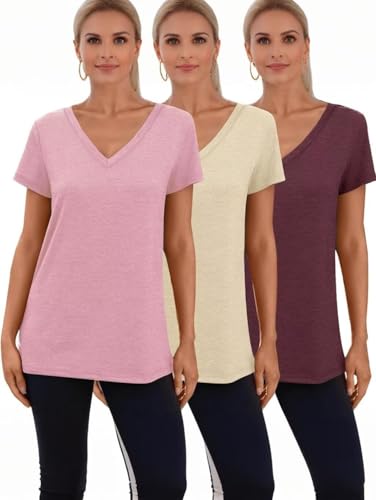 Womens 3 Pack T Shirts Basic Short Sleeve Tees V Neck Fashion Tops Loose Fit Lightweight Casual Summer Clothes