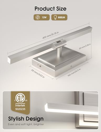 Image of VOLISUN Modern Bathroom Vanity Light 15.7 inch, Rotatable, 12W Dimmable 5CCT Led Bathroom Light Fixture Over Mirror, Brushed Nickel Bar Vanity Light for Bathroom Mirror Restroom-ETL Certificated