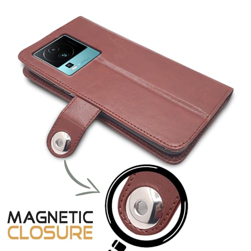Image of Pikkme iQOO Neo 7 Pro 5G Flip Cover Leather Finish | Inside TPU with Card Pockets | Wallet Stand and Shock Proof | Complete Protection Button Flip Case (Brown)