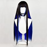 SCORRO Hime Cut Split Dye Wig Long Straight Wig with Bangs, Black Hair Wig with Highlight Color, Gothic Style Y2k Subculture Party Wig Daily Wigs (Black-Klein Blue)