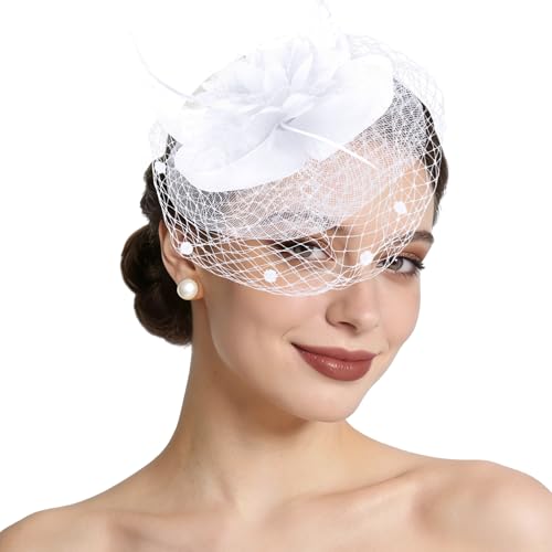 Semato Fascinators Hats for Women Mesh Feathers Elegant White Tea Party Kentucky Hat Derby Headband with Hair Clip
