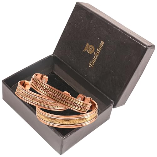 Image of Touchstone copper bracelets | gift for men women |adjustable 100% pure solid real magnetic jewelry | handmade bracelet set combo | rope braided tibetan bangles.