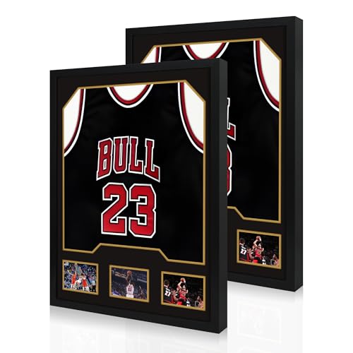 CCDCC Jersey Frame Display Case 2 Pack Large Wooden Sport Jersey Shadow Box Frame with Mats and Real Tempered Glass Cover for Football Hockey Baseball Basketball Soccer Shirt Black