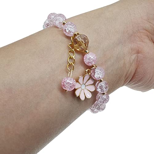 Maripabon Glazed Flowers Crystal Bead Bracelets 8Mm Gemstone Beaded Stretch Bracelet With Flower Bracelet For Women- Pink #TOP3