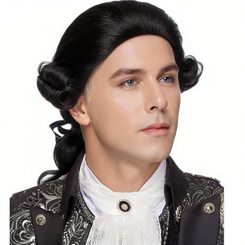 Image of Men's 18th Century Colonial Wig, Short Curly Judge Wig with Ponytail, Historical Costume Wig for Hamilton, Halloween, Theater and Cosplay (Black)