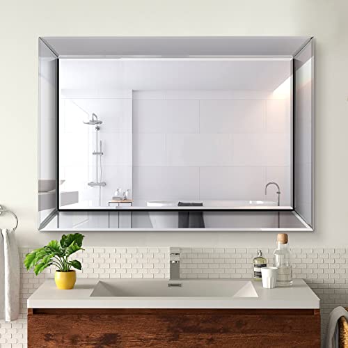Pregaspor Mirror On Mirror Wall Mirror For Bathroom, 22" X 32" Rectangular Frameless Bathroom Vanity Mirrors For Wall, Polished Beveled Edge Decorative Mirrors For Living Room, Washroom And Bedroom #TOP1