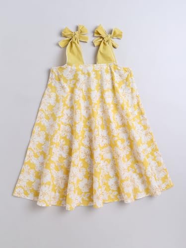 Image of The Magic Wand Kids Girls Printed Casual Dresses, Knee Length Singlet Strap Fit & Flared Cotton Once Piece Stylish Frocks for Summer Season