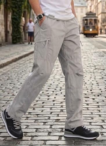 Image of Men's Cotton Cargo Pants |Bottom with 6 Pockets & Drawstring Waist | Breathable Lower with 6 Pockets & Drawstring Elastic Waistband | Casual Bottoms Travel Outdoor