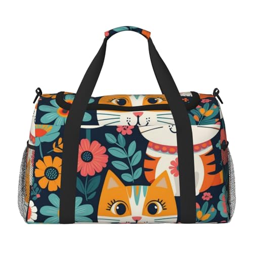Funny Cats Birds and Flowers Print Travel Duffle Bag - Foldable Personal Item Travel Bag for Women & Men,13x10.2x19.7