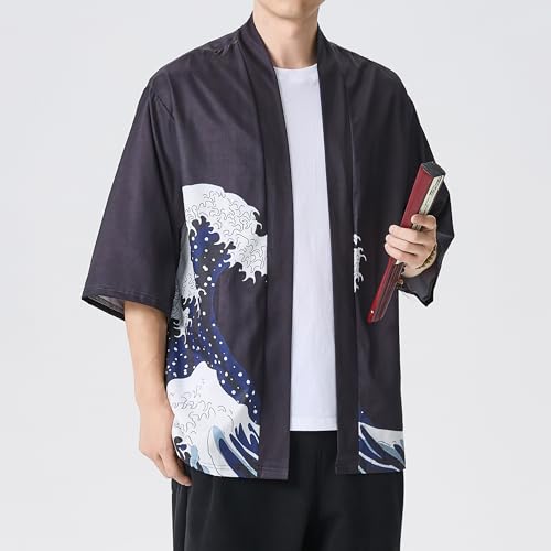 Image of PRIJOUHE Men's Japanese Kimono Cardigan Jackets Casual Long Sleeve Open Front Coat Lightweight Yukata Outwear