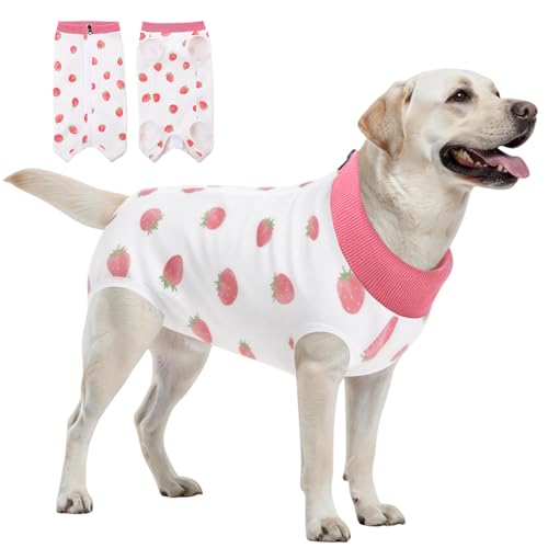 Image of SAWMONG Recovery Suit for Dogs Female Male Zipper, Pink Strawberry Dog Onesie Body Suit After Surgery Spay Neuter, Cotton Breathable Dog Surgical Suit Pet, Substitute Dog E-Collar Cone, 2XL