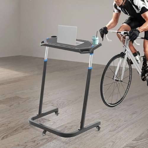 Mesa de entrenamiento con ruedas para bicicleta con 2 orificios para tablet o smartphone, 2 soportes para bebidas, mesa de fitness con 8 niveles de altura ajustable