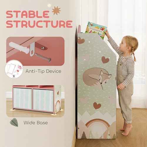 Qaba Kids Bookshelf with Toy Storage, Children's Bookcase with Book Display, Shelves and Fabric Drawers, Toy Organizer for Playroom and Nursery, Pink — view 5