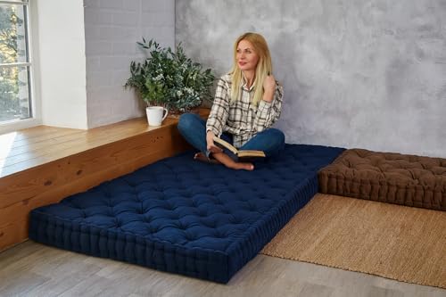 Image of ATOOTFUSION Soft Cotton Floor Box Mattress, 5-Inch Thick, Foldable, Movable, Medium Firm, Solid Colored (Navy Blue, Small Single 30X72X5 Inches)