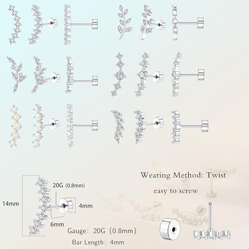 12PCS Cartilage Earrings Helix Piercing Jewelry for Women Gold Silver Hypoallergenic Surgical Steel Flat Back Opal CZ Dainty Tragus Conch Piercing Jewelry Set3