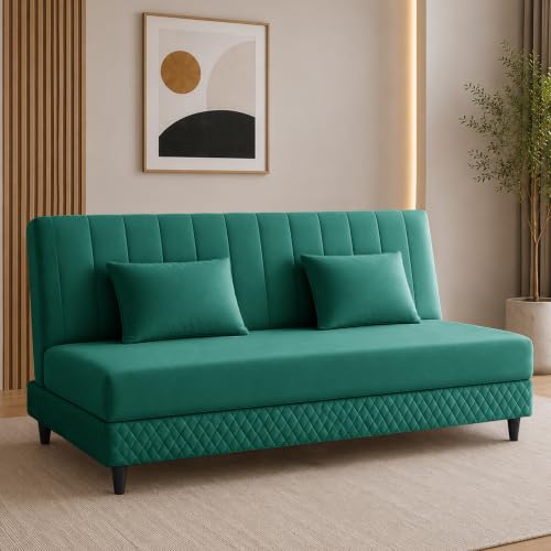 Image of Rosebell Modern 3 Seater Velvet Sofa Cum Bed with Cushion | Premium Upholstered Fabric | Tufted Backrest | Wooden Legs | Living Room Furniture | Green