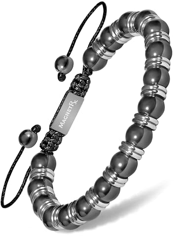 MagnetRX® Bracelet Magnétique En Hématite Perlé Unisexe - Bijou Aimanté En Pierres Naturelles Hematite 8mm Méditation - Longueur Réglable (Perle Titan Argent 8 mm)