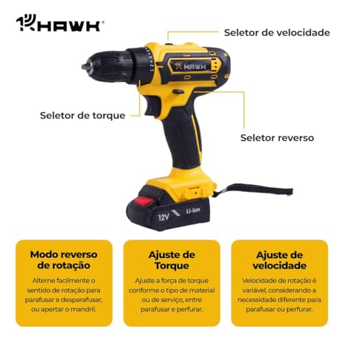 Parafusadeira E Furadeira 12v 3/8 Bivolt 1.3ah Hw1042 Hawk