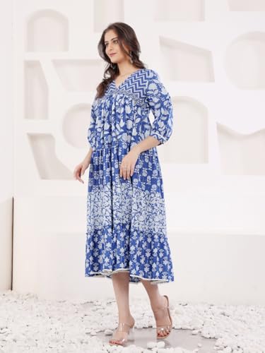 Image of SAVI Blue Cotton Lurex A Line Detailed Dress