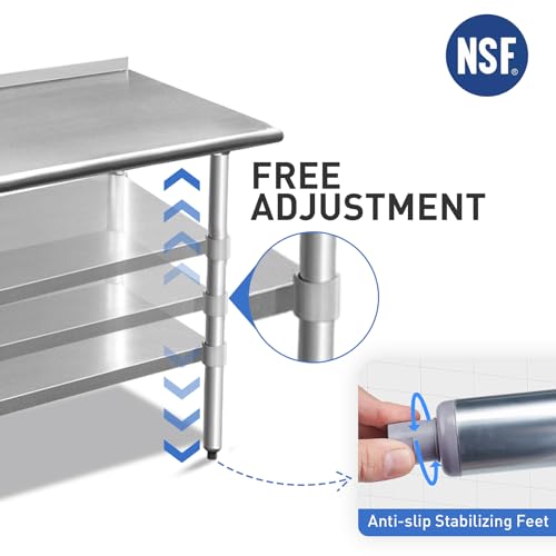 Image of ROCKPOINT Stainless Steel Table for Prep & Work with Backsplash 24x36 Inches, NSF Metal Commercial Kitchen Heavy Duty Table with Adjustable Under Shelf and Table Foot for Restaurant, Home and Hotel