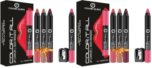 Image of Colors Queen Color It All Long Lasting Pack of 6 & Get 1 Free Crayon Lipstick Combo | Up to 18 Hours Stay | Matte Finish | Water, Smudge Proof (Peach Love, Pink Rose, Murphy Wine & Rusty Nude,3.5g)
