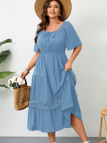 Image of RWJ Women's Plus Size Maxi Dress Short Sleeve Square Neck Flowy A-Line Lace Trim Flutter Party Casual Off Shoulder Dresses