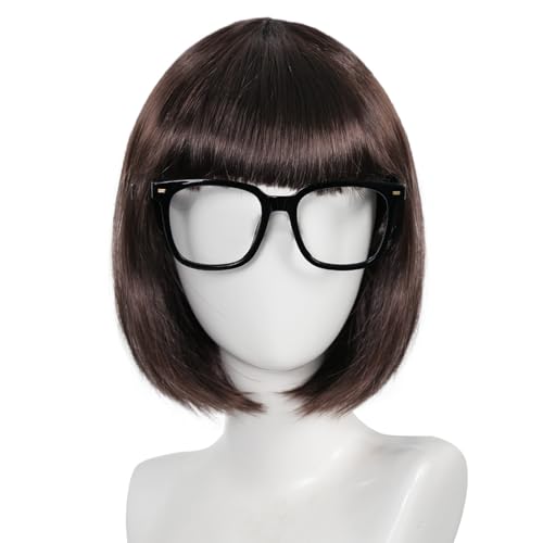 Image of ANOGOL Brown Bob Wig with Bangs Short Anime Wigs Dark Brown Wig for Women | Hair Cap+ (Glasses) Short Bob Wigs Straight Party Outfit Fun Hair Women for Halloween Costume Bachelorette Cosplay Daily