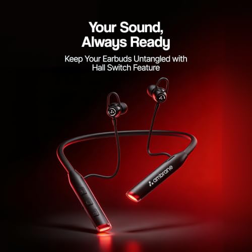 Image of Ambrane Hitz 21 Wireless Bluetooth Neckband Earphones with Mic, 60H Playback, Bluetooth 5.4, 10mm Dynamic Drivers, Deep Bass, Fast Charging, Dual Pairing, Low Latency, in-Ear Headphones - Black